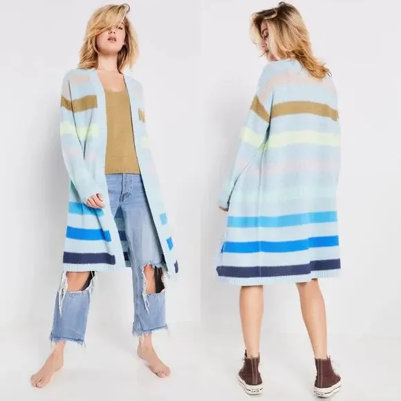 Lisa Todd Sand Sweeper Aqua Combo Striped Knit Long Open Cardigan Duster Sweater - Picture 1 of 11